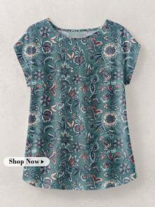 Blusa casual con estampado floral, cuello redondo y mangas tipo murciélago para mujer, blusa floral azul, blusa floral azul y blanca, blusa floral, blusa floral para mujer, blusa de verano, blusas elegantes para mujer, casual - Multicolor 4 - Ver 1