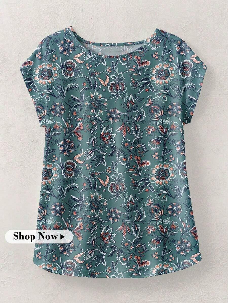 Blusa casual con estampado floral, cuello redondo y mangas tipo murciélago para mujer, blusa floral azul, blusa floral azul y blanca, blusa floral, blusa floral para mujer, blusa de verano, blusas elegantes para mujer, casual - Multicolor 4 - Ver 1