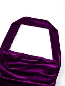 Vestido con cuello de halter y bajo de cola de sirena para mujer, vestido elegante sin espalda con pliegues sin mangas y ajuste ceñido color rosa intenso liso para fiestas y salidas nocturnas, vestido largo de mujer para primavera/verano - Morado - Ver 7