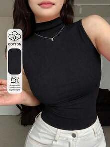 Tops de mujer de cuello alto, ajustados, sin mangas y con envolvente - Negro 2 - Ver 2