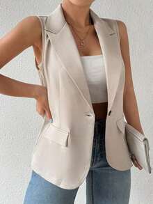 informal sin mangas con cuello francés y botones de unicolor para mujer de talla grande - Caqui - Ver 5