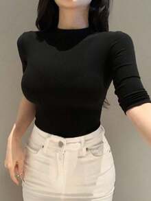 Camiseta básica de manga corta negra de ajuste ceñido para mujer, adecuada para primavera, verano, Día de San Valentín y uso en la oficina - Negro 2 - Ver 1