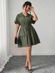 Vestido informal de estilo camisa de talla grande con detalles ricos - Verde militar - Ver 3