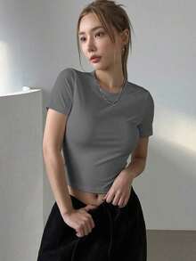 Camiseta Casual De Manga Corta Con Cuello Redondo Y unicolor Para Mujer En Verano - Gris - Ver 4