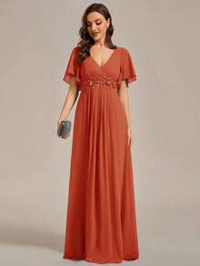 Elegante vestido de dama de honor de gasa con cuello en V, mangas con volantes bordados y plisados, vestido de noche formal para invitados de boda - Naranja Quemada - Ver 4