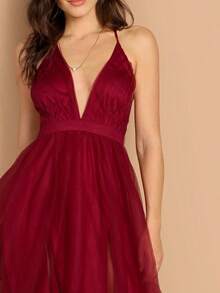 Vestido con escote pronunciado y superposición de malla - Burdeos - Ver 4