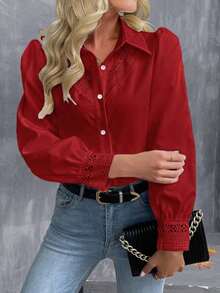 LUNE Camisa de manga larga con estilo de vacaciones de ocio urbano chic, con efecto calado y patchwork - Burdeos - Ver 6
