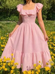 Elegant Long Pink Dress For Women With Square Neck, Ruffled Sleeves And Tiered Hem, Ideal For Summer Outings. - 粉色 - 查看 2