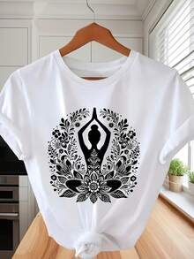 Short Sleeve T-Shirt With Lotus Mandala Print - Bohemian Design, Breathable And Comfortable, Round Neck, Casual Yoga Top, Machine Washable, Suitable For All Seasons - White - View 6