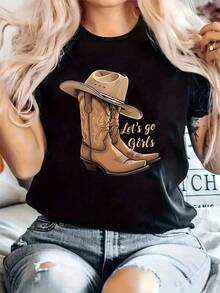 Camiseta Casual de Talla Grande para Mujer - Estampado Gráfico Vaquero con Botas y Sombrero, Tejido Suave Elástico, Cuello Redondo Manga Corta para PrimaveraVerano, Lavable a Máquina, Camisetas Occidentales - Negro - Ver 6