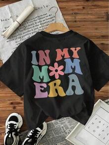 Short-Sleeved T-Shirt With Round Neck [Comfortable][Double-Sided Print] Graffiti Style With Floral And Text Print "In My Mom Era", Sizes S-3XL, Breathable Print, Casual, For Daily Wear, Cotton Clothing For Women. - 黑色 - 查看 3