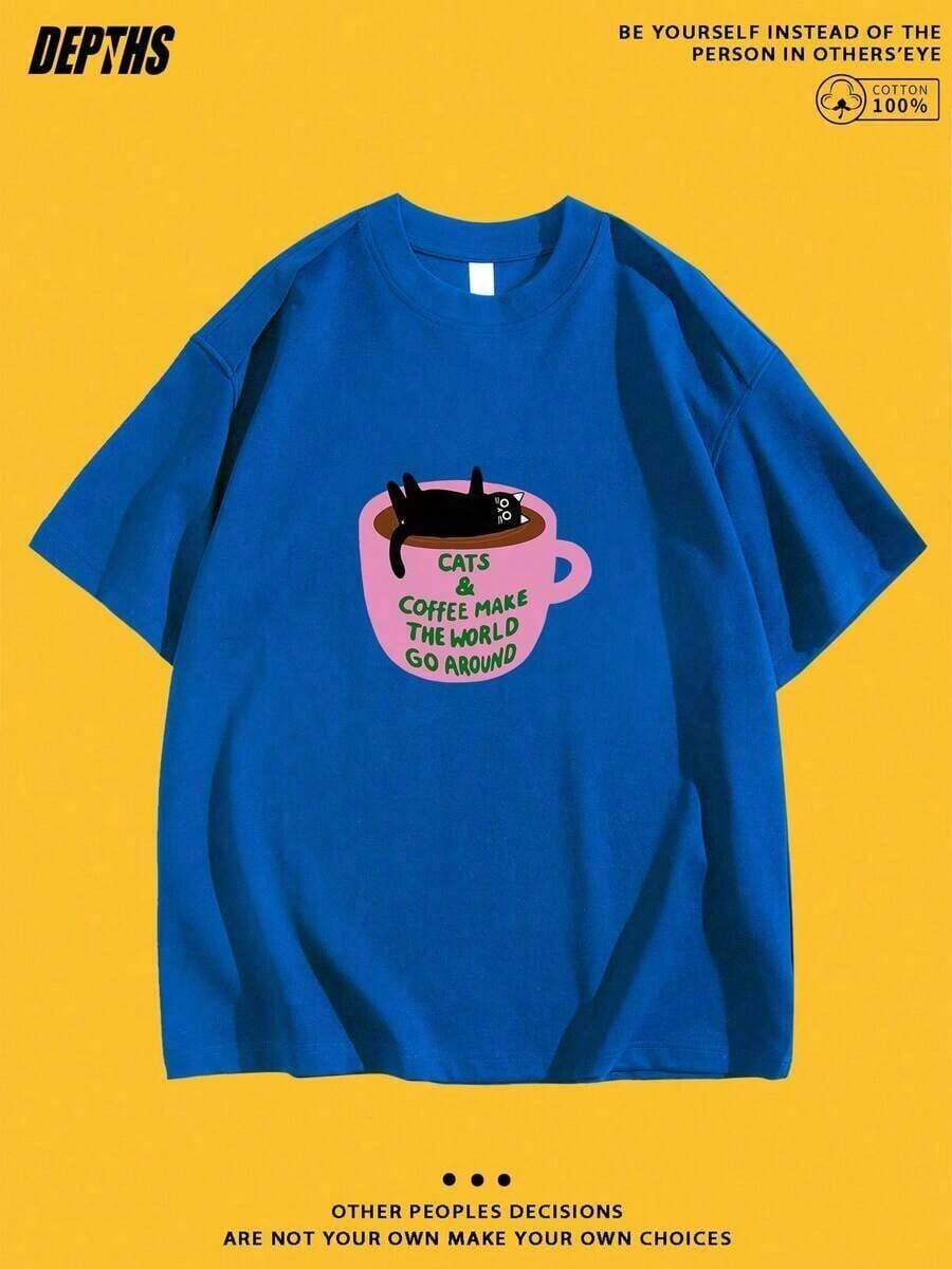 New Summer 2026 Collection, Unisex Styles, Round Neck T-Shirt With Creative And Fun Cartoon Pattern, Pure Cotton, Short Sleeve Summer Fashion, Casual Style For Daily Outings, Suitable As A Gift. Women's T-Shirt. Elegant Blouses. Boho Chic, Exquisite Printed T-Shirt - 藍色的 - 查看 1