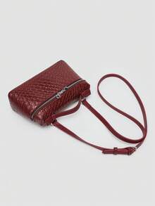1 pieza Bolso de hombro cuadrado de unicolor con textura de grano de litchi en PU, bolso de mano pequeño para mujer, adecuado para combinar con diaria, salidas, compras, fiestas, bol - Burdeos 3 - Ver 9