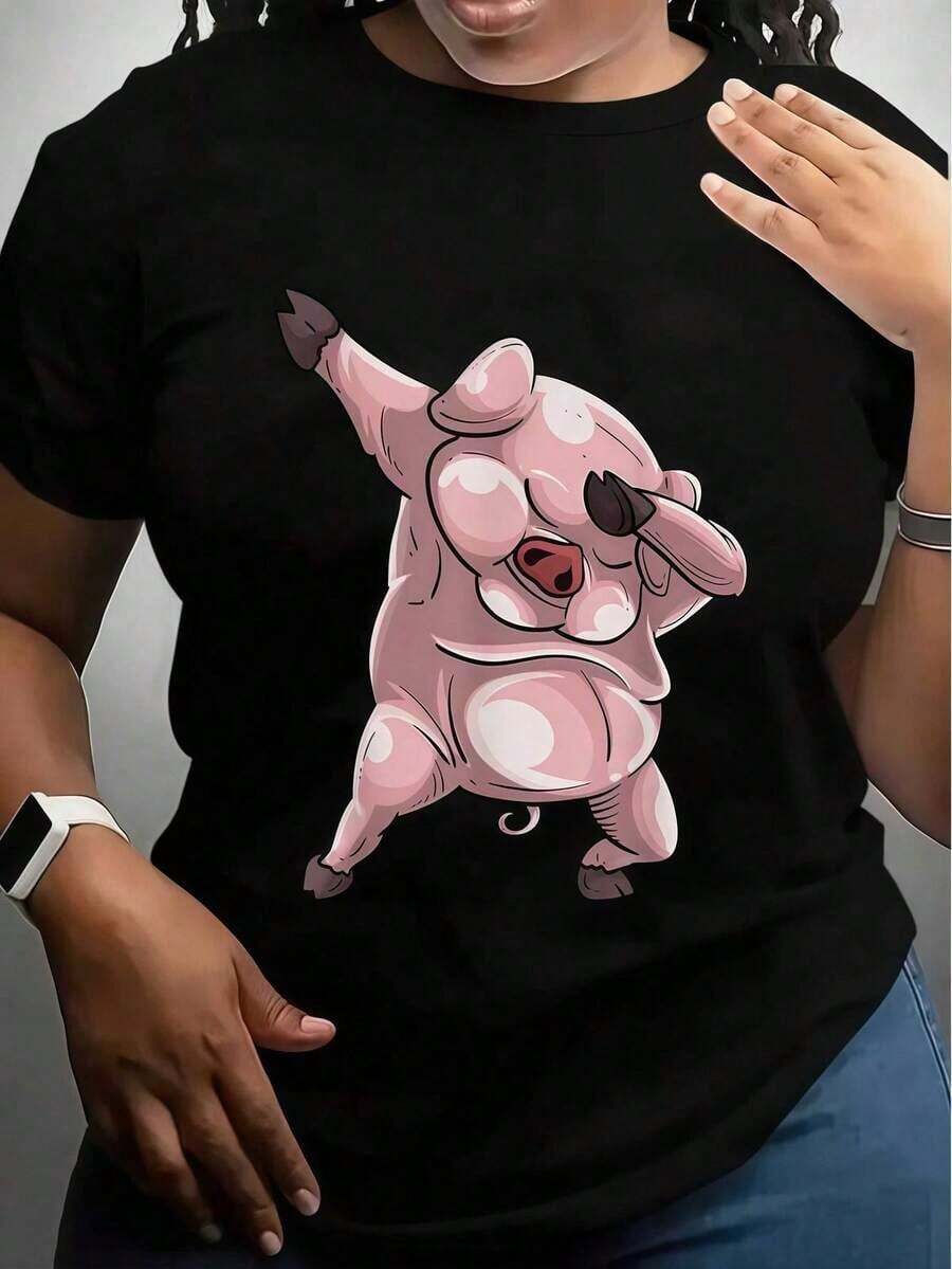 Round Neck Camiseta Con Diseño De Cerdo Haciendo El Baile Dabbing , Divertido Regalo Con Un Jabalí De Hip-Hop Bailando, Adecuado Para Hombres Y Mujeres, 100% Algodón, Tallas S-XXXL Summer Essentials,Summer Outfits For Women,Graphic Tees Blusas Para Mujer Casual - Negro - Ver 1