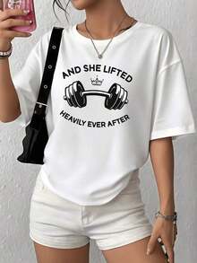 100% Cotton. The Graphic Depicts A Woman Lifting Weights With A Crown, Symbolizing Strength And Feminine Confidence In Her Lasting Happiness. Women's 100% Cotton Soft And Comfortable T-Shirt For Everyday Wear. Women's Simple Solid Color T-Shirt, Loose And Slim Fit Casual Short Sleeve - 白色的 - 查看 12