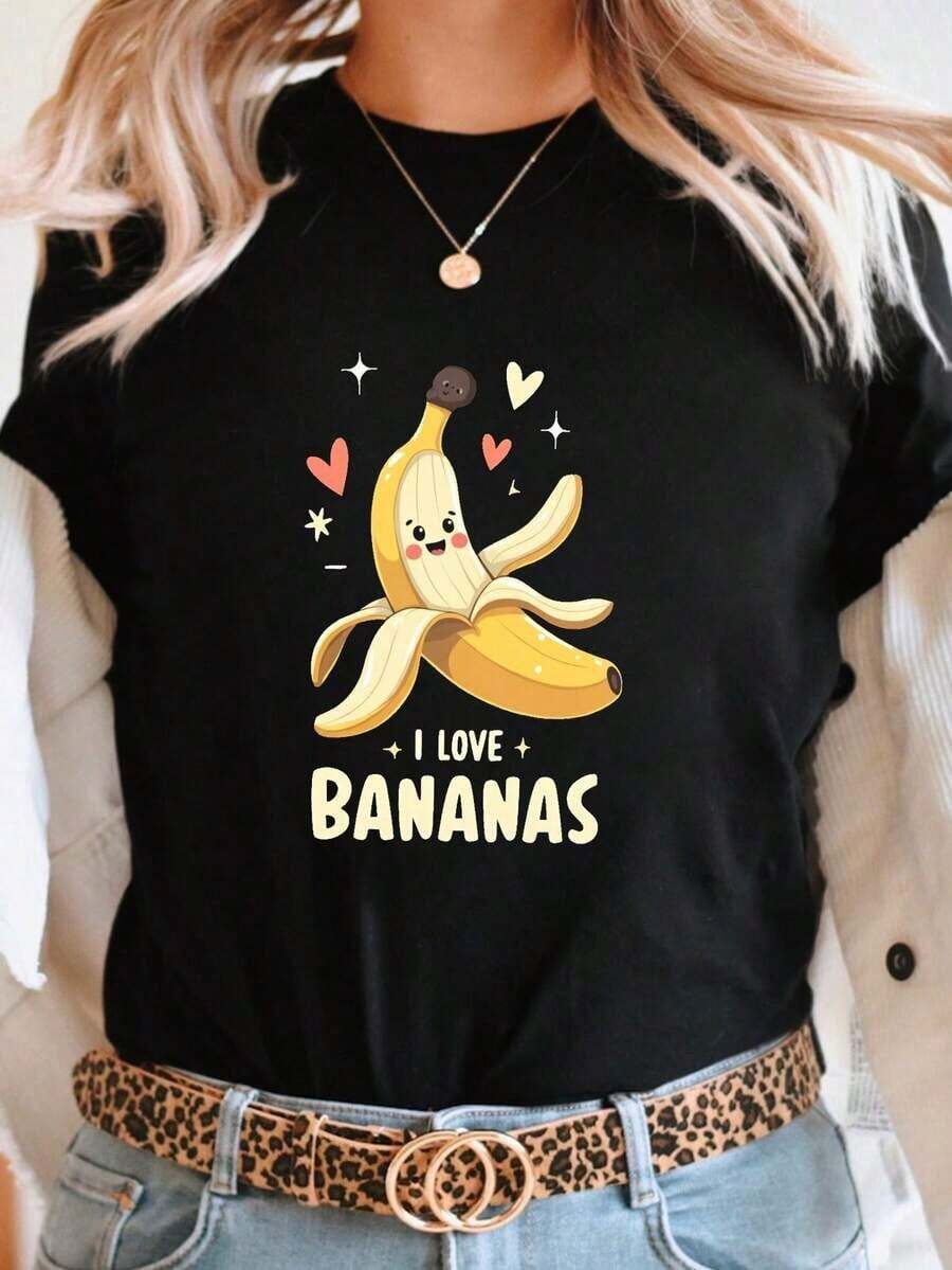 Under The Radar Women's Fun And Vibrant Banana Print T-Shirt, Green With "I LOVE BANANAS" Slogan, Short Sleeve, Youthful Style, Loose And Casual, Versatile For Vacation And Everyday Wear. Unisex Cotton Loose-Fitting Short-Sleeved Crew Neck T-Shirt With An Urban Vintage Style - 黑色 - 查看 1