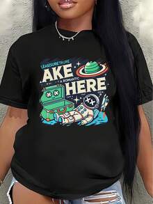 Polyester Short-Sleeved T-Shirt With A Fun Space-Themed Design. Lightweight And Durable, Suitable For Casual Wear At Home, In The Office, Or At A Restaurant, Offering Both Everyday Comfort And Style. Women's Blouses > Clothing - 黑色 - 查看 7