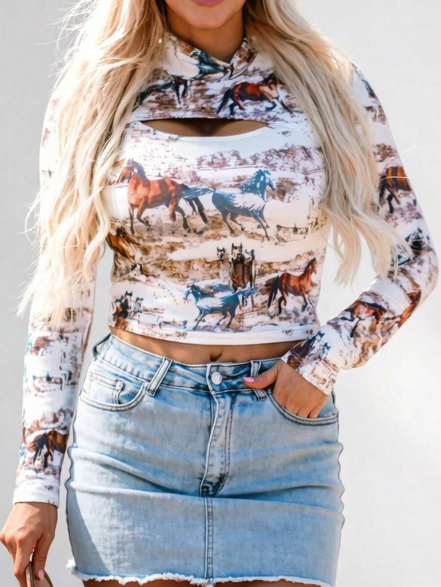 CILKOO Camiseta de mujer con cuello calado y estampado casual de mustang occidental para primavera - Marrón - Ver 1