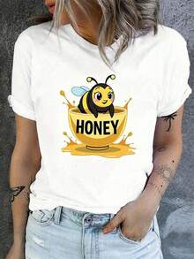 Women's Short Sleeve Crew Neck T-Shirt With Bee In A Honey Bowl Print, Sizes S-3XL, Fashionable, Comfortable And Breathable, Machine Washable - 白色 - 查看 1