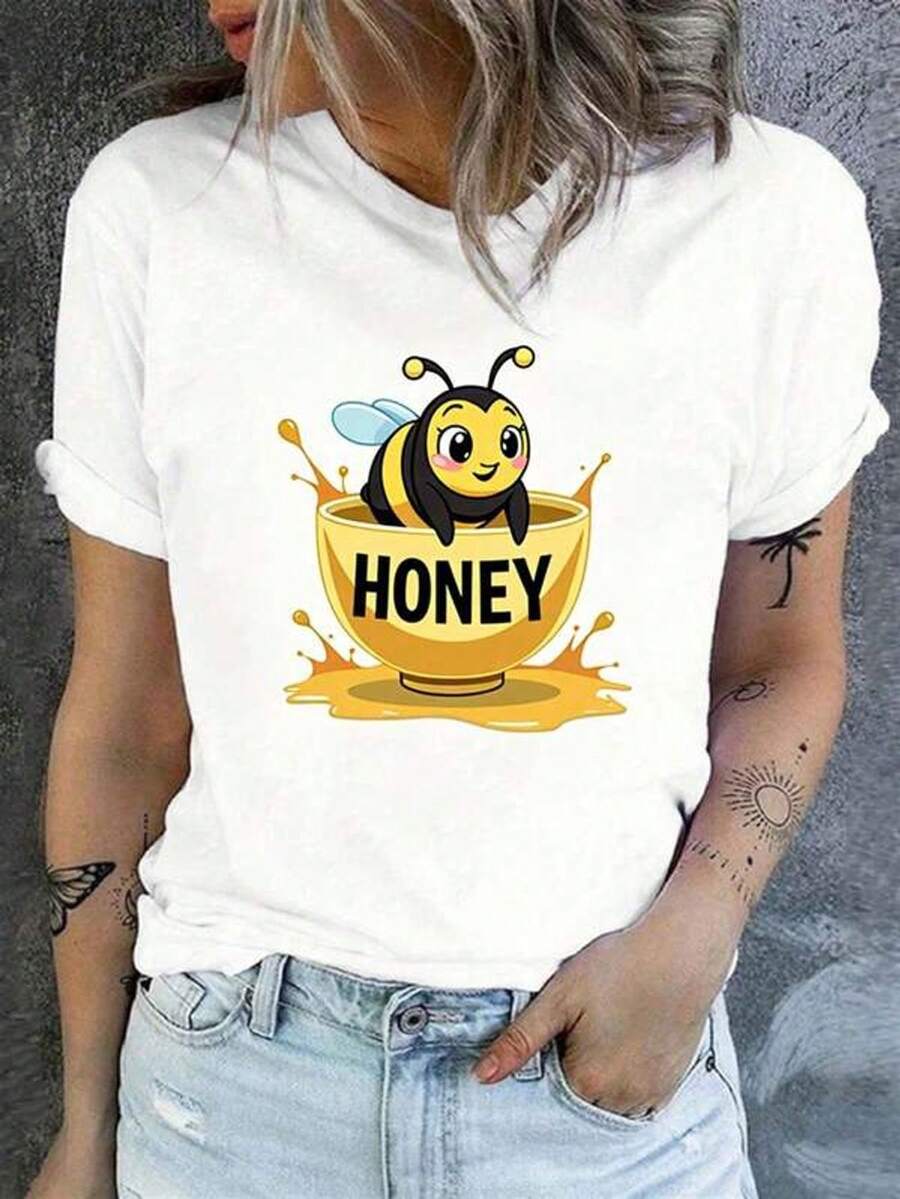 Women's Short Sleeve Crew Neck T-Shirt With Bee In A Honey Bowl Print, Sizes S-3XL, Fashionable, Comfortable And Breathable, Machine Washable - 白色 - 查看 1