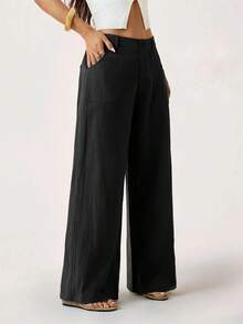 ZZL Women's Classic Lightweight Linen Palazzo Pants, Flowy Straight Wide Leg Summer Trousers, Beach Pants With Pockets, Casual Solid Color, Soft Elastic High Waist, Lounge Pants For Travel, Vacation, Dates, Brunch, Home, Work, Streetwear - 黑色 - 查看 7
