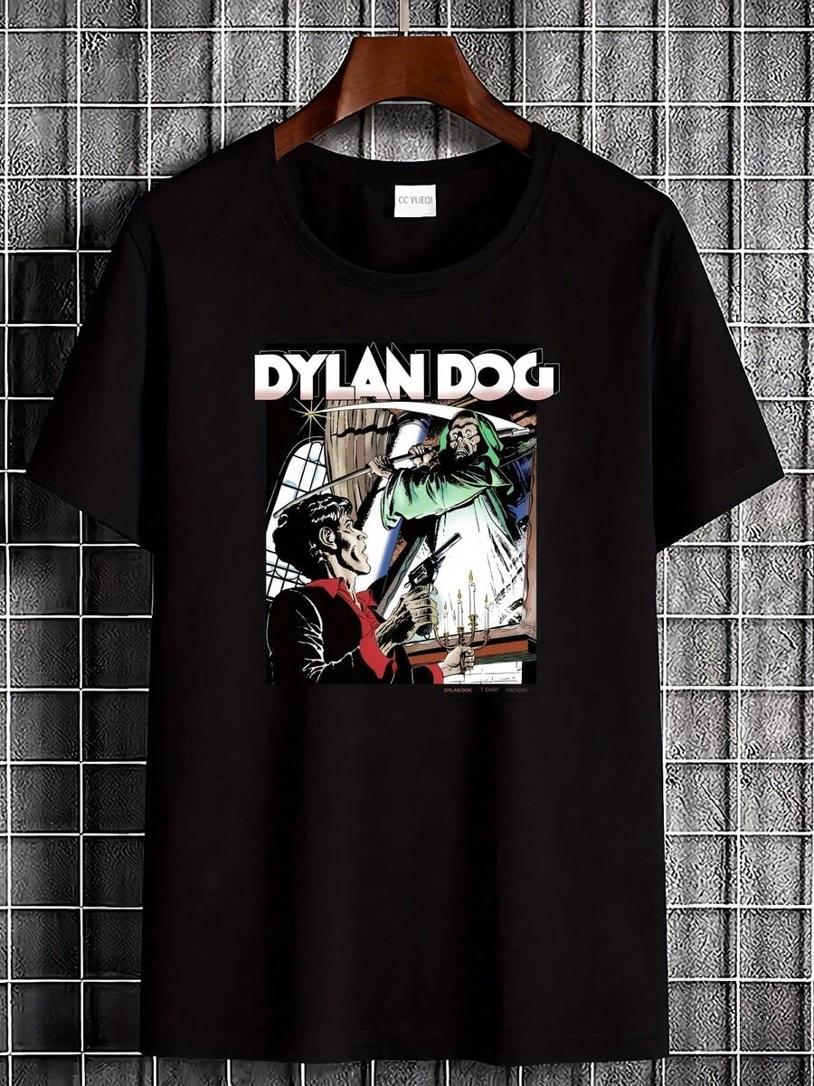 Unisex Dylan Dog Logo Print T-Shirt, Retro 90s Italian Comic Book Style, Soft, Suitable For All Seasons, A Must-Have Urban Casual Fashion Item, Versatile For All Seasons, Affordable For Everyday Wear And A Perfect Christmas Gift For Fans And Friends. Urban Style, Fashion, Outdoor Wear, Vacation Outfit, Warm Weather Clothing, Summer Casual Wear, Party Outfit, Ideal For Parties And Family Vacations, Everyday Wear. - 黑色 - 查看 1