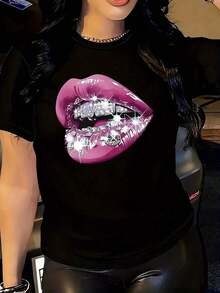 Camiseta de Mujer Talla Grande con Gráfico de Labios Graffiti (2) 1 Pieza, Divertida, de Manga Corta, Novedosa, 100% Poliéster, Cuello Redondo Casual, Camiseta de Algodón Moda Verano - Negro - Ver 7