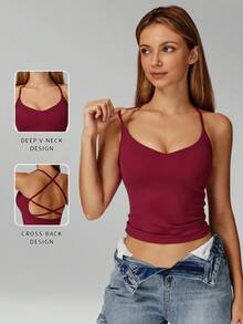 Áo tank top nữ MFVIM Naked Feeling Yoga Crisscross Back Racerback, chất liệu nhanh khô, thích hợp cho chạy bộ ngoài trời, đạp xe, yoga, pilates và tập gym. - Màu Đỏ Sâu - Xem 4