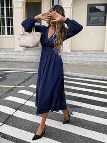 Frenchy Vestido midi elegante de moda con escote en V profundo y cintura para mujer, para el verano - Azul marino - Ver 8