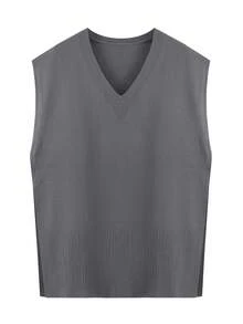 Plus Size Women Plus Size Pullover Sweater, Casual Comfortable V-Neck Sleeveless Knit Top - Grey - View 15