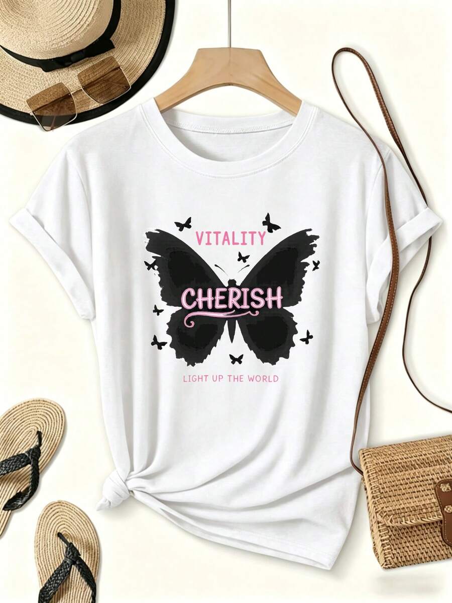 Premium Women's Casual Summer T-Shirt With A Butterfly Print That Brings Vibrancy And Joy To The World. Perfect For Beach Vacations And Everyday Wear. The Perfect Gift For Her. . - 白色 - 查看 1