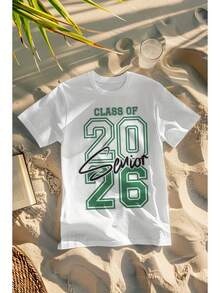 T-Shirt For The 2026 Graduation Season - White Background With Numbers And Handwriting In Deep Green, Casual Crew Neck Design, Machine Washable Unisex Garment, Graduation Gift And Celebration Item, College Spirit, Modern Lettering, Breathable Fabric. - White - View 6