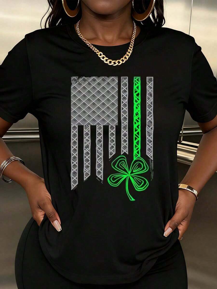 Cool Women's T-Shirts With A Geometric Pattern And Green Clover Are Suitable For Parties, Birthdays, Christmas, New Year's Gifts, Valentine's Day, Easter, St. Patrick's Day, And Everyday Wear. Fashionable. - 黑色 - 查看 1