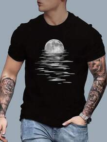 Men's Fashion T-Shirt With Creative Lunar-Themed Print, Round Neck And Short Sleeves, Casual T-Shirt, Versatile Top For Spring And Summer, Modern Urban Style. - Black - View 8