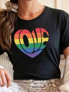 1 Piece Women's Love Print T-Shirt, Valentine's Day Print T-Shirt, Pink Heart T-Shirt, Love T-Shirt For Women, 180g, 100% Cotton - 黑色 15 - 查看 11