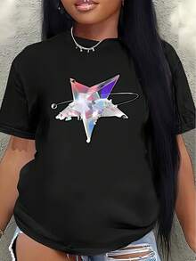 This Lightweight And Durable Short-Sleeved T-Shirt Features A Vibrant Star Design, Making It Perfect For Lounging At Home Or Dining Out, Offering A Comfortable Everyday Wear Experience. (Women's Casual Blouse) - 黑色 - 查看 7