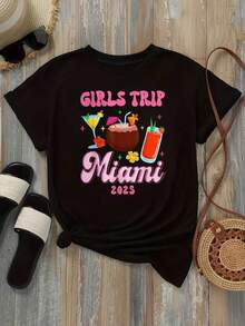 Camiseta de Mujer para Viaje de Chicas a Miami, Opciones en Blanco y Negro, Estampado de Cóctel de Coco, Camisetas Casuales de Verano para Vacaciones, - Negro - Ver 2
