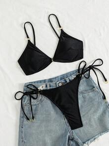 2er/Set 2026 Neue elegante sexy rückenfreie einfarbige Bikini-Badeanzüge mit Ring-Dekor, Strandurlaub Outfit Sommerferien - Schwarz - Übersicht 5