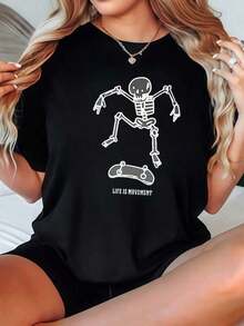 Women's T-Shirts 2026, Skeleton Skateboarding Design, Life Is Movement%, Breathable Casual Blouses For Women - 黑色 - 查看 1