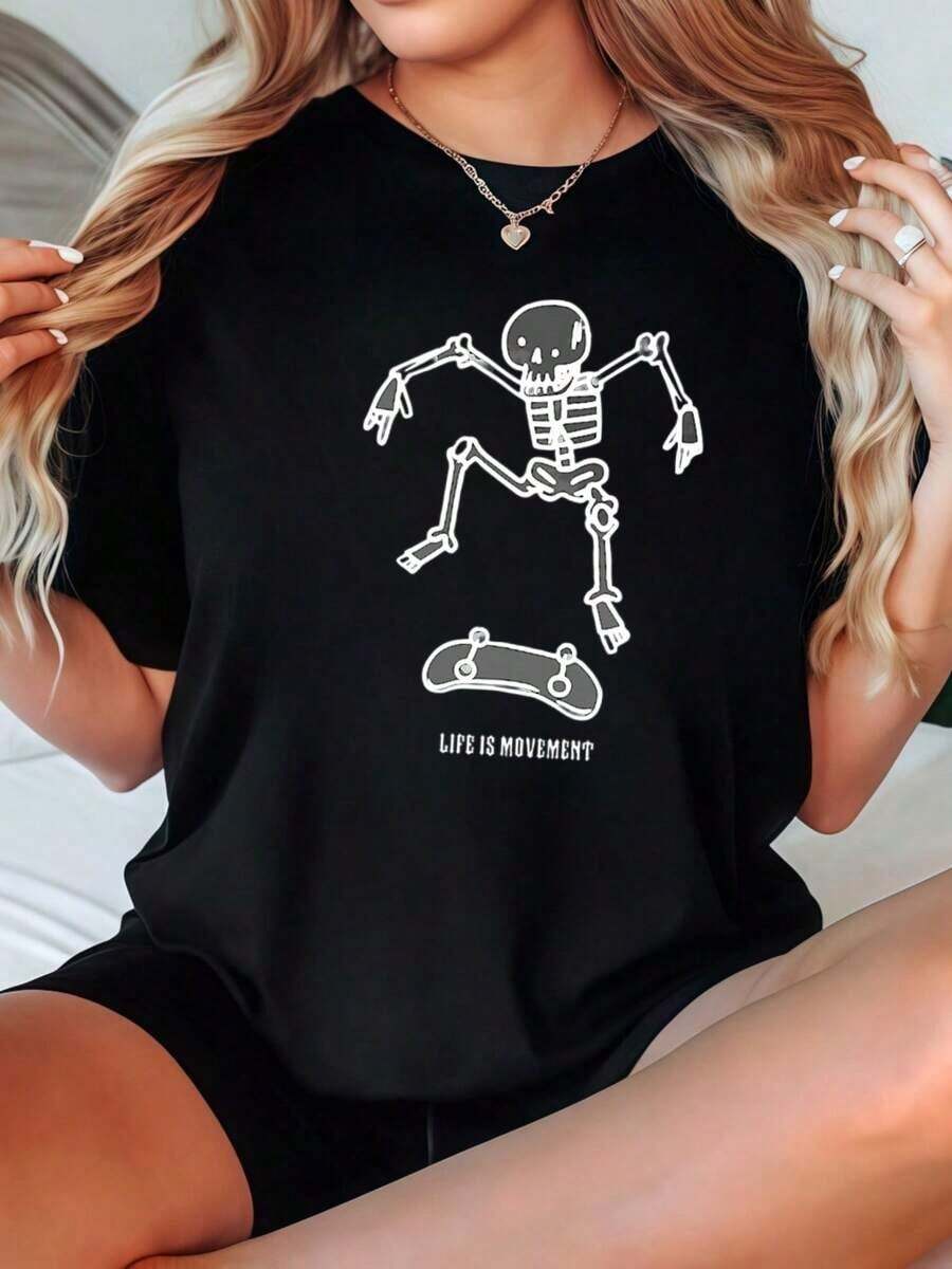 Women's T-Shirts 2026, Skeleton Skateboarding Design, Life Is Movement%, Breathable Casual Blouses For Women - 黑色 - 查看 1
