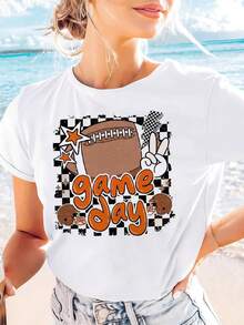 Camiseta Estampada para Mujer Día de Juego - Camiseta Casual de Manga Corta y Cuello Redondo con Diseño de Fútbol y Conejo. Con un Corte Relajado para Todas las Estaciones, la Elección Perfecta Tanto para el Uso Diario Como para Celebraciones Deportivas (Lavable aáquina). - Blanco - Ver 7