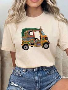 Women's T-Shirt Funny T-Shirt With Urdu Rickshaw And Truck Design, Art Of Lahore And Karachi, Pakistan, Cute Short Sleeve Printed T-Shirt For Summer 2026 - 杏色 - 查看 7