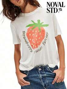 1 Piece Of White Short-Sleeved T-Shirt With Round Neck, Casual Holiday Style, Loose And Multifunctional, With Beatles Strawberry Field Forever Print For Women, Ideal For Everyday Wear. 180g 100% Cotton. - 白色 4 - 查看 2