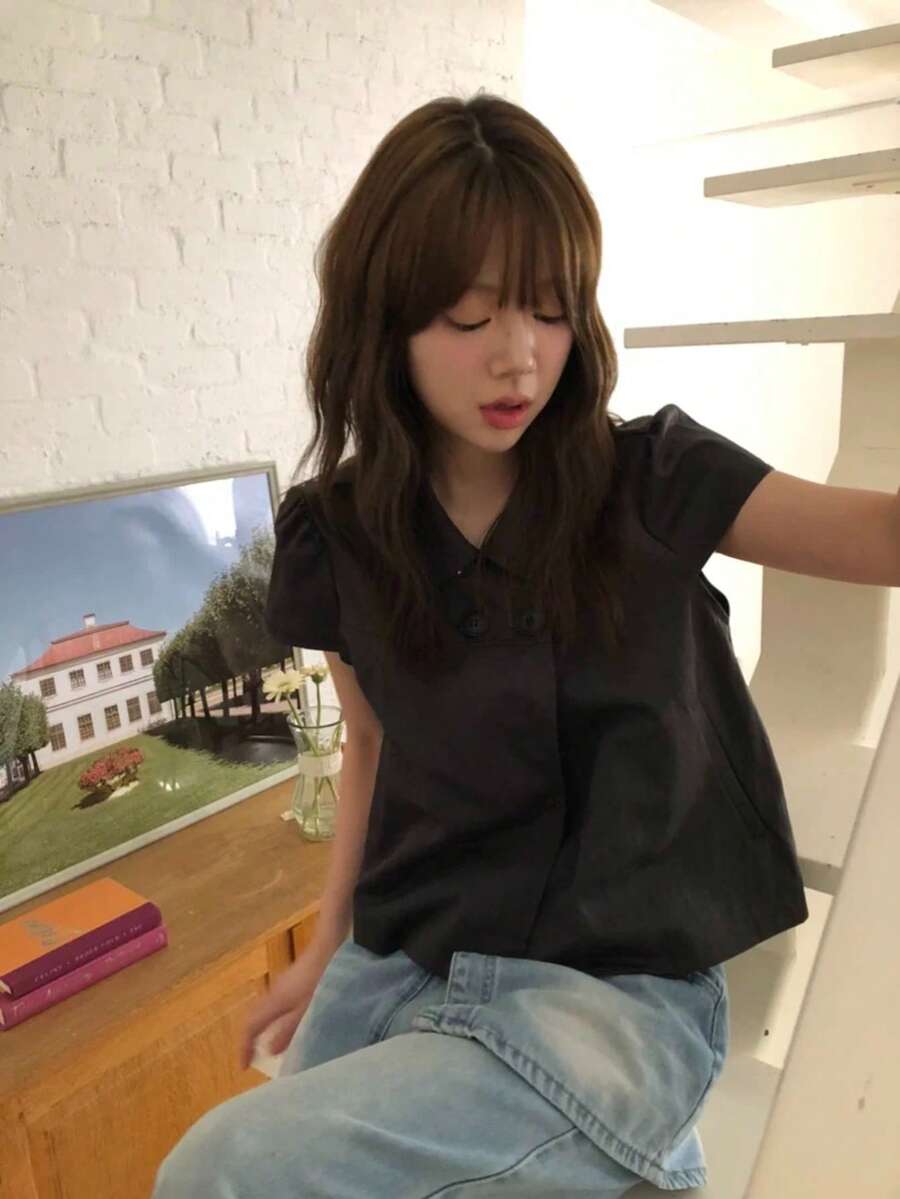 新品女款優雅日系雙排扣彼得潘領短袖襯衫,春/夏 - 黑色 - 查看 1