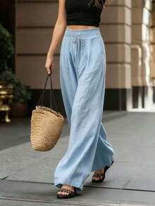 Women's High-Waisted, Loose-Fitting, Solid-Color Wide-Leg Pants, A Stylish And Fashionable Outfit Suitable For Spring, Summer, Autumn, And Winter. Appropriate For Vacations, Work, And Everyday Wear, These Pants Showcase A Graceful Elegance And Are Suitable For Parties, The Beach, Romantic Dates, Casual And Elegant Work Attire, And Versatile For Daily Use. - 灰色 - 查看 4
