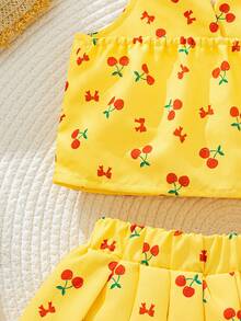 Set de 2 piezas de top sin mangas con estampado de cerezas y lazo colorido + falda plisada para niñas jóvenes, adecuado para vacaciones y uso al aire libre - Amarillo - Ver 11