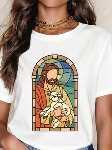 100% algodón, Camiseta de mujer blanca con diseño de Jesús con cordero en vitral, temática religiosa cristiana de Pascua. - Blanco - Ver 1