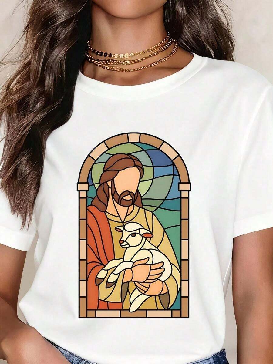 100% algodón, Camiseta de mujer blanca con diseño de Jesús con cordero en vitral, temática religiosa cristiana de Pascua. - Blanco - Ver 1