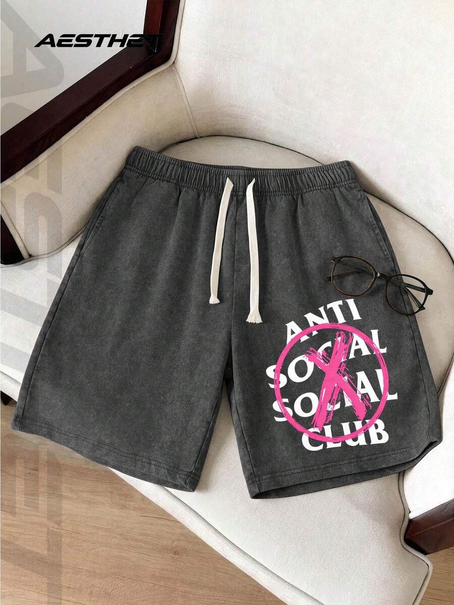 100% Cotton Men's Vintage Washed Relaxed Fit Shorts Featuring A Youthful Street Style Print Anti Social Club Logo Design  Urban Fashion Statement Shorts For Men Mens Clothes Black Shorts These Men's Youthful Street Style Knit Shorts Feature An Elastic Waistband Drawstring And Pockets With An Urban Vibe And A Casual Minimalist Design They Perfectly Capture Street Fashion And Are Easy To Pair With Any Outfit They Make An Excellent Choice For Holiday Gifts - Black - View 1