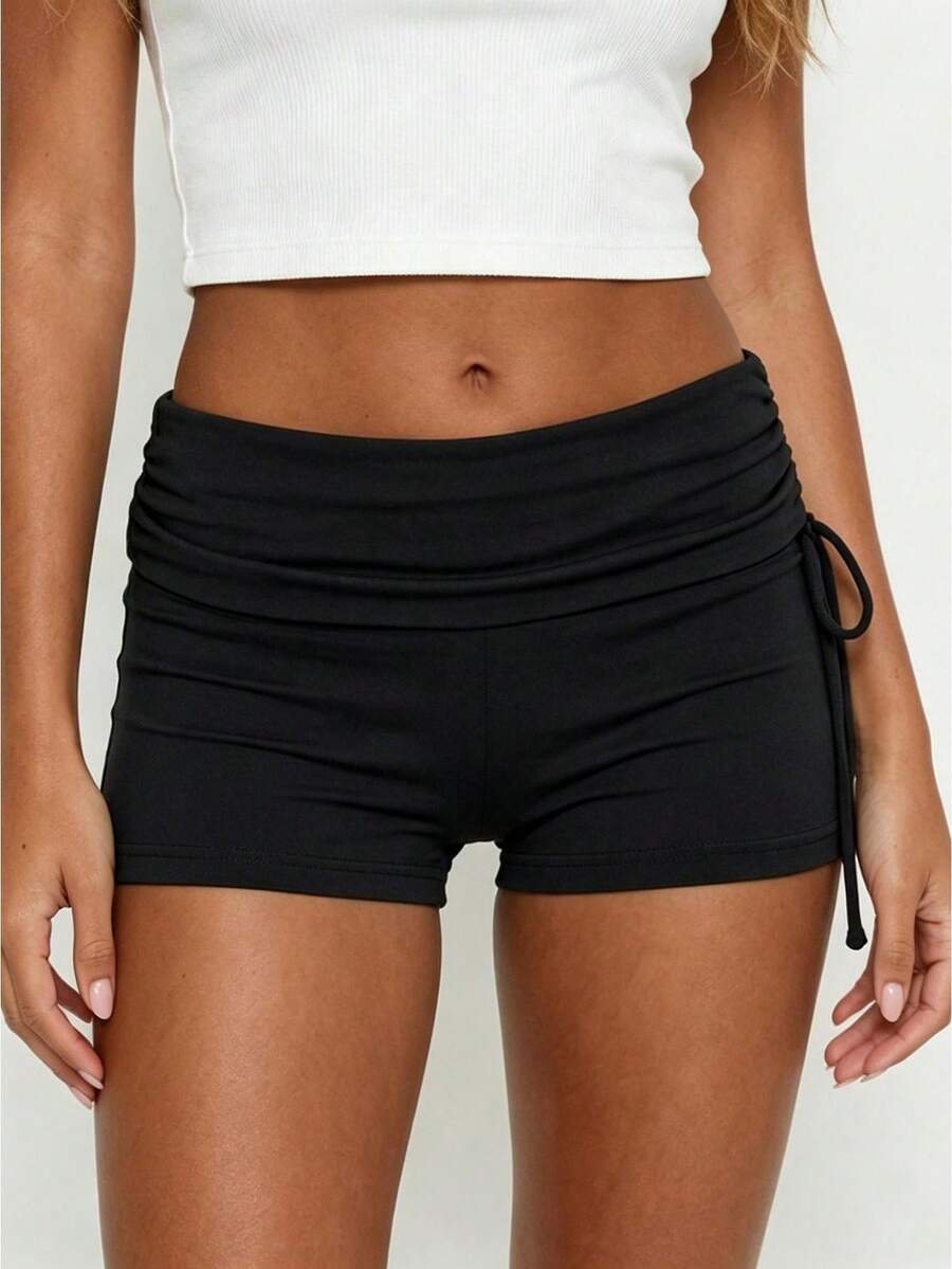 Women Fold Over Waist Shorts Fashionable Solid Color Low Rise Slim Fit Mini Shorts For Beach Daily Wear - Black - View 1